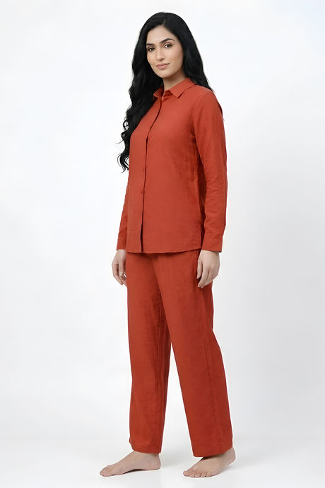 Zivame Mock Linen Woven Loungewear Set - Burnt Brick — image 4